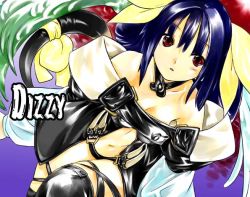 Rule 34 | 1girl, arc system works, asymmetrical wings, blue hair, blush, bow, dizzy (guilty gear), guilty gear, hair bow, red eyes, solo, tail, thighhighs, wings
