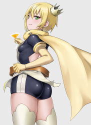 Rule 34 | 1girl, amagami sora, ass, back cutout, bareteru! cocktail knights, belt, blonde hair, breasts, brown belt, cape, clothing cutout, cocktail glass, costume, crown, cup, drinking glass, green eyes, grey background, hair between eyes, hair ornament, hashi, highres, looking at viewer, looking back, magical girl, medium breasts, pants, room, short hair, short shorts, shorts, solo, thick thighs, thighs, tight clothes, tight pants, valencia (bareteru! cocktail night), yellow legwear