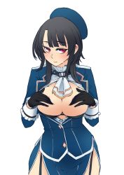 Rule 34 | 1girl, beret, black gloves, black hair, blue hat, blue jacket, blue skirt, breasts, breasts out, covering nipples, covering privates, cowboy shot, garter straps, gloves, hat, highres, jacket, kantai collection, large breasts, military, military uniform, miniskirt, red eyes, short hair, skirt, solo, standing, takao (kancolle), udukikosuke, uniform