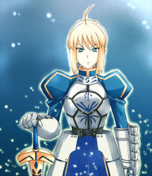 Rule 34 | 1girl, ahoge, aoyama sou, armor, armored dress, artoria pendragon (fate), bad id, bad pixiv id, blonde hair, blue eyes, dress, excalibur (fate/stay night), fate/stay night, fate (series), faulds, gauntlets, glowing, green eyes, hair ribbon, hand on hilt, juliet sleeves, light particles, long sleeves, puffy sleeves, ribbon, saber (fate), solo, sword, weapon