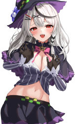 Rule 34 | 1girl, absurdres, black gloves, black hat, black shirt, black skirt, bow, bowtie, breasts, buttons, capelet, cleavage, cosplay, cowboy shot, crop top, gloves, grey hair, hair ornament, hairclip, hat, highres, hololive, large breasts, long hair, long sleeves, looking at viewer, midriff, miniskirt, multicolored hair, murasaki shion, murasaki shion (1st costume), murasaki shion (cosplay), navel, open mouth, red eyes, sakamata chloe, shirt, skirt, smile, solo, stomach, streaked hair, striped clothes, striped shirt, upper body, uuroncha, virtual youtuber, witch hat, x hair ornament
