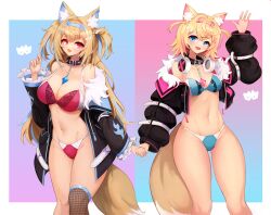 Rule 34 | 2girls, ahoge, animal ear fluff, animal ears, bare shoulders, belt collar, black collar, black jacket, blonde hair, blue background, blue eyes, blue hair, bra, breasts, chain, cleavage, collar, collarbone, cropped jacket, dog ears, dog girl, dog tail, fang, frills, fur-trimmed jacket, fur trim, fuwawa abyssgard, fuwawa abyssgard (1st costume), hair ornament, hairclip, headband, headphones, headphones around neck, highres, holding hands, hololive, hololive english, jacket, large breasts, long hair, looking at viewer, mococo abyssgard, mococo abyssgard (1st costume), multicolored hair, multiple girls, navel, notte, open mouth, panties, pink background, pink hair, red eyes, short hair, siblings, single thighhigh, skin fang, small breasts, smile, spiked collar, spikes, streaked hair, swimsuit, tail, thighhighs, twins, two side up, underwear, virtual youtuber, x hair ornament