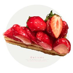 Rule 34 | cake, cake slice, dessert, food, food focus, fruit, highres, no humans, original, pastry, qifu, simple background, still life, strawberry, tart (food), white background