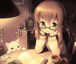 Rule 34 | 1girl, aikei ake, blush, book, braid, brown eyes, brown hair, cat, chair, clock, cup, drawing (object), elbow rest, eyebrows, glasses, green-framed eyewear, hands on own face, head rest, indoors, jewelry, key, lamp, long sleeves, looking at viewer, open book, original, pendant, plant, potted plant, reading, room, saucer, semi-rimless eyewear, sidelocks, sitting, smile, solo, spoon, sweater, table, tea, teacup, twin braids, under-rim eyewear