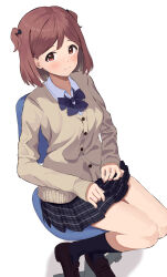 Rule 34 | 1girl, aoba misaki, black socks, blush, bow, bowtie, breasts, brown cardigan, brown hair, cardigan, ebifu, full body, highres, idolmaster, idolmaster million live!, looking at viewer, on chair, plaid, plaid skirt, pleated skirt, school uniform, simple background, sitting, skirt, small breasts, smile, socks, solo, two side up, white background