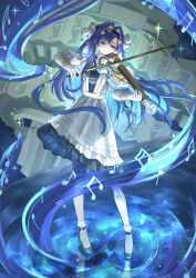 Rule 34 | 1girl, absurdres, blue hair, dress, frilled dress, frills, gloves, highres, holding, holding instrument, holding violin, instrument, long hair, parted bangs, reverse:1999, ribbon, thighhighs, violin, voyager, white dress, white gloves, white ribbon, white thighhighs, xiamianhaiya