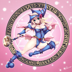 Rule 34 | 1girl, akina t, bare shoulders, blonde hair, blush, boots, breasts, cameltoe, cleavage, cleft of venus, dark magician girl, female focus, full body, green eyes, hat, highres, long hair, open mouth, panties, solo, underwear, wand, wizard hat, yu-gi-oh!