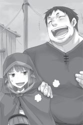 Rule 34 | 1boy, 1girl, :d, ayakura juu, cape, closed eyes, fang, greyscale, hand on another&#039;s shoulder, holo, hood, hooded, lacoza, laughing, monochrome, novel illustration, official art, open mouth, outdoors, shirt, smile, spice and wolf, sweatdrop, upper body