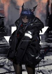 Rule 34 | 1girl, arknights, black pantyhose, blue hair, ch&#039;en (arknights), english text, hands in pockets, horns, jacket, long hair, oversized clothes, pantyhose, red eyes, sketch, smoke, solo, sword, weapon, yui (niikyouzou)