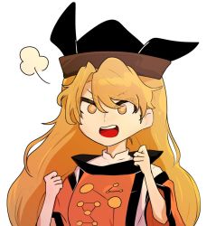 Rule 34 | 1girl, black hat, blonde hair, breasts, brown hat, cape, casimia, constellation, constellation print, detached sleeves, eyes visible through hair, hair between eyes, hands up, hat, long hair, long sleeves, looking to the side, matara okina, medium breasts, open mouth, orange cape, orange sleeves, shirt, simple background, solo, sun symbol, tabard, touhou, white background, white shirt, wide sleeves, yellow eyes