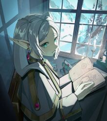 Rule 34 | 1girl, backlighting, book, candle, capelet, commentary, dangle earrings, earrings, elf, english commentary, expressionless, frieren, from side, gold trim, green eyes, grimoire, hair over shoulder, hand up, highres, holding, holding book, indoors, jewelry, looking at viewer, muntins, parted bangs, pointy ears, senj, short eyebrows, snow, solo, sousou no frieren, thick eyebrows, tree, white capelet, white hair, window, windowsill
