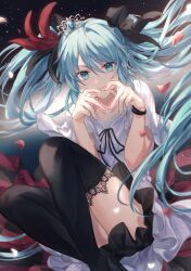 Rule 34 | 1girl, black bow, black footwear, black ribbon, black skirt, blue eyes, blue gemstone, blue hair, boots, bow, bracelet, closed mouth, commentary request, diadem, floating hair, gem, hair between eyes, hair bow, hatsune miku, heart, heart hands, highres, jewelry, long hair, looking at viewer, minazuki utciha, miniskirt, neck ribbon, partial commentary, pleated skirt, ribbon, shirt, short sleeves, skirt, smile, solo, supreme (module), thigh boots, twintails, very long hair, vocaloid, white shirt, world is mine (vocaloid)