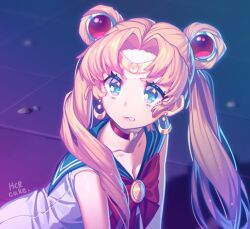 1girl artist_name bishoujo_senshi_sailor_moon blonde_hair blue_eyes blue_sailor_collar bow cakehcr choker circlet collarbone commentary crescent crescent_earrings double_bun earrings hair_bun heart heart_choker jewelry long_hair magical_girl meme parted_lips red_bow red_choker sailor_collar sailor_moon sailor_moon_redraw_challenge_(meme) sailor_senshi_uniform solo tsukino_usagi twintails