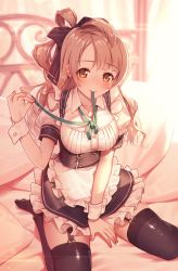 Rule 34 | 10s, 1girl, black thighhighs, blush, bow, breasts, brown eyes, brown hair, eyebrows, garter straps, hair bow, hair ribbon, highres, long hair, looking at viewer, love live!, love live! school idol project, maid, minami kotori, mouth hold, nagareboshi, one side up, parted bangs, ribbon, sitting, smile, solo, thighhighs, untying, wariza