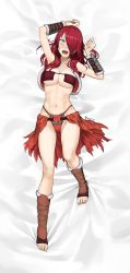 Rule 34 | 10s, 1girl, abs, absurdres, alternate costume, arms up, artist request, bed, breasts, cleavage, dakimakura (medium), feet, full body, highres, kobayashi rindou, large breasts, long hair, lying, navel, on back, on bed, open mouth, red hair, revealing clothes, shokugeki no souma, slit pupils, solo, sweat, thighs, toeless legwear, toes, tribal, underboob, yellow eyes