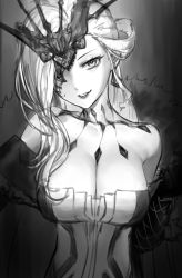 Rule 34 | 1girl, argyle, breasts, cleavage, coat, commentary, dot nose, eyepatch, forehead, fur coat, genshin impact, greyscale, grin, hair ornament, hair over shoulder, head tilt, highres, large breasts, long hair, looking at viewer, monegi, monochrome, off shoulder, signora (genshin impact), simple background, smile, solo, upper body