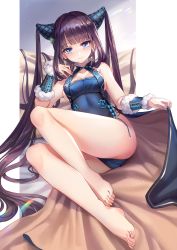 Rule 34 | 1girl, bare shoulders, barefoot, black dress, blue eyes, blunt bangs, blush, breasts, china dress, chinese clothes, cleavage, closed mouth, detached sleeves, dress, fate/grand order, fate (series), feet, hair ornament, highres, lalazyt, large breasts, leaf hair ornament, leaning back, legs, light particles, long hair, looking at viewer, purple hair, revision, sidelocks, sitting, smile, solo, thighs, toes, twintails, very long hair, yang guifei (fate), yang guifei (second ascension) (fate)
