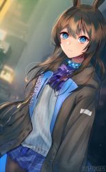 Rule 34 | 1girl, amiya (arknights), animal ears, arknights, artist name, bad id, bad pixiv id, blue eyes, brown hair, buttons, cityscape, english text, female focus, highres, hood, hooded jacket, jacket, jewelry, looking at viewer, neck ring, pantyhose, pleated skirt, rabbit ears, rabbit girl, skirt, solo, sweater, xanax025, zipper