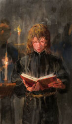 Rule 34 | 1boy, absurdres, alexei karamazov, black robe, book, brown hair, candle, closed eyes, cowboy shot, curly hair, dark background, faux traditional media, high collar, highres, holding, holding book, long hair, male focus, monk, open mouth, reading, robe, rosary, standing, sutekooooo, the karamazov brothers