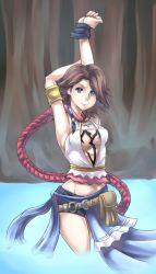 Rule 34 | 00s, 1girl, absurdres, arms up, brown hair, final fantasy, final fantasy x, final fantasy x-2, highres, looking at viewer, ponytail, short shorts, shorts, solo, yuna, zipskyblue