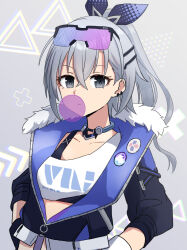 Rule 34 | 1girl, breasts, chewing gum, closed mouth, commentary request, earrings, eyewear on head, grey eyes, grey hair, hair between eyes, hand in pocket, high ponytail, highres, honkai: star rail, honkai (series), jacket, jewelry, long sleeves, looking at viewer, open clothes, open jacket, silver wolf (honkai: star rail), simple background, small breasts, solo, sports bra, upper body, yyukisnow