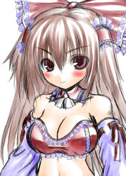 Rule 34 | 1girl, adapted costume, asamura hiori, bad id, bad pixiv id, blush, bow, breasts, brown hair, cleavage, detached sleeves, female focus, hair bow, hair tubes, hakurei reimu, japanese clothes, long hair, medium breasts, miko, navel, red eyes, sketch, smirk, solo, touhou, upper body