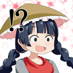 Rule 34 | !?, 1girl, :d, ajirogasa, black hair, braid, cato (monocatienus), commentary request, hat, long hair, looking away, open mouth, portrait, smile, solo, star (symbol), starry background, surprised, sweat, touhou, twin braids, wide-eyed, yatadera narumi