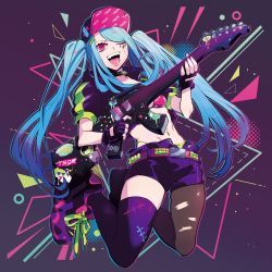 Rule 34 | 1girl, ;d, asymmetrical legwear, belt, black pantyhose, blue hair, collar, electric guitar, facial mark, fingerless gloves, gloves, green panties, guitar, hair ornament, hairclip, hat, highres, instrument, jacket, long hair, mismatched legwear, navel, one eye closed, open mouth, original, panties, pantyhose, puppeteer7777, purple gloves, purple thighhighs, red eyes, shorts, single leg pantyhose, smile, solo, teeth, thighhighs, tongue, tongue out, torn clothes, torn legwear, twintails, underwear, uneven legwear, very long hair