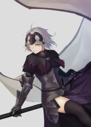 Rule 34 | 1girl, armor, armored dress, burnt clothes, dress, fate/grand order, fate (series), gauntlets, gorget, headpiece, highres, jeanne d&#039;arc (fate), jeanne d&#039;arc alter (avenger) (fate), jeanne d&#039;arc alter (fate), mori yashiro (konkon oyashiro), parted lips, short hair, silver hair, simple background, solo, thighhighs, white background, yellow eyes, zettai ryouiki