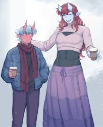 Rule 34 | 1boy, 1girl, :d, aoi (ittla), blue skin, brown scarf, closed eyes, colored skin, commentary, cup, disposable cup, grey background, hair between eyes, hand in pocket, highres, holding, holding cup, horns, ittla, kenta (ittla), long hair, long skirt, long sleeves, looking at another, meme attire, oni, open-chest sweater, open mouth, original, pants, purple eyes, purple skirt, red hair, red skin, scarf, sharp teeth, silver hair, simple background, skin-covered horns, skirt, smile, sweater, teeth, toned, turtleneck, turtleneck sweater