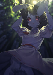 Rule 34 | 1girl, animal ears, arms up, backlighting, bare legs, barefoot, blurry, blurry foreground, breasts, carrot necklace, commentary request, depth of field, dress, feet out of frame, forest, from below, highres, inaba tewi, jewelry, looking at viewer, moonlight, nature, necklace, night, open mouth, outdoors, pink dress, pink eyes, pleated skirt, rabbit ears, rabbit pose, skirt, small breasts, solo, toes, touhou, wanko sora