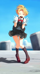 Rule 34 | 1girl, black socks, blonde hair, blouse, blue sky, closed eyes, cloud, day, facing viewer, full body, gloves, horizon, kantai collection, kneehighs, loafers, maikaze (kancolle), neck ribbon, open mouth, outdoors, parted bangs, pleated skirt, ponytail, red ribbon, ribbon, school uniform, scrunchie, shirt, shoes, short ponytail, skirt, sky, smile, socks, solo, standing, takuzui, vest, white gloves, white shirt