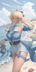 Rule 34 | 1girl, absurdres, animal, bare shoulders, beach, black bow, blonde hair, blue eyes, blue sky, blue sleeves, bow, breasts, cloud, crab, day, detached sleeves, genshin impact, hair between eyes, hair bow, highres, holding, holding clothes, holding footwear, jean (genshin impact), jean (sea breeze dandelion) (genshin impact), looking at viewer, medium breasts, ocean, official alternate costume, open mouth, outdoors, ponytail, sandals, sejin, sky, solo, standing
