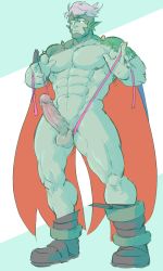 Rule 34 | 1boy, abs, agatio (golden sun), bad id, bad tumblr id, bara, boots, colored skin, erection, full body, golden sun, green skin, highres, male focus, muscular, nipples, penis, piikeisandaa, pointy ears, silver hair, solo, testicles, thighs, uncensored