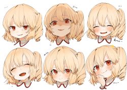 Rule 34 | 1girl, :d, ^ ^, blonde hair, blush, closed eyes, commentary, expressions, facing viewer, fang, flandre scarlet, gotou (nekocat), hair between eyes, hand up, happy tears, head tilt, highres, looking at viewer, multiple views, no headwear, one side up, open mouth, parted lips, red eyes, shaded face, short hair, simple background, smile, sweat, symbol-only commentary, tears, touhou, translation request, white background