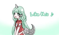 Rule 34 | 1girl, :d, airiaisu, alternate eye color, aqua eyes, aqua hair, bare arms, blouse, blush, cloud print, collared shirt, cowboy shot, curly hair, english text, facing away, flat chest, from side, gradient background, horns, komano aunn, long hair, looking at viewer, looking to the side, lowres, musical note, open mouth, raised eyebrows, red shirt, shirt, short sleeves, shorts, simple background, single horn, smile, solo, standing, tail, tareme, text focus, tongue, touhou, v arms, very long hair, white background, white shorts