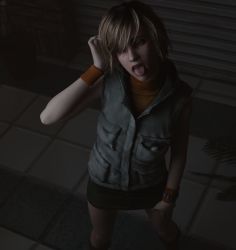 Rule 34 | 1girl, 3d, absurdres, arm support, artist request, breasts, hand in own hair, heather mason, highres, jacket, lips, looking to the side, medium breasts, short hair, silent hill, silent hill (series), silent hill 3, skirt, sleeveless, sleeveless turtleneck, solo, standing, tongue, tongue out, turtleneck, vest, wristband