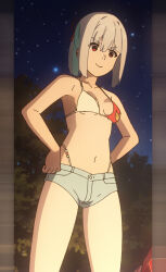 1girl bikini breasts cleavage denim denim_shorts grey_hair hands_on_own_hips legs looking_at_viewer lulu_(bang_bravern) navel ponytail short_shorts shorts small_breasts smile solo stitched swimsuit thighs third-party_edit thong_bikini whale_tail_(clothing) yuuki_bakuhatsu_bang_bravern