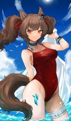 Rule 34 | 1girl, absurdres, angelina (arknights), angelina (summer flower) (arknights), animal ears, arknights, bare shoulders, blue sky, blush, bracelet, breasts, brown hair, casual one-piece swimsuit, closed mouth, collar, covered navel, cowboy shot, day, fox ears, fox girl, fox tail, groin, hair ribbon, highres, holding, infection monitor (arknights), jewelry, jun (jun0000000000), long hair, looking at viewer, material growth, mecha, medium breasts, necklace, official alternate costume, one-piece swimsuit, oripathy lesion (arknights), outdoors, red eyes, red one-piece swimsuit, red ribbon, ribbon, robot, sky, smile, solo, swimsuit, tail, thigh strap, twintails, water