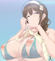 Rule 34 | 1girl, absurdres, bra, braid, breasts, brown eyes, brown hair, clothes lift, cupless bra, flower, hair flower, hair ornament, hairband, highres, idolmaster, idolmaster shiny colors, kuwayama chiyuki, large breasts, lifting own clothes, lingerie, nippleless clothes, nipples, q (ed69), shirt lift, single braid, skindentation, smile, solo, sweat, underwear, veins, veiny breasts