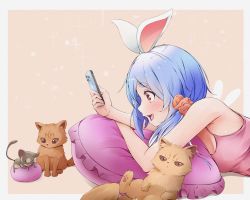 Rule 34 | 1girl, :d, absurdres, animal ears, bare arms, bare shoulders, blue hair, blush, breasts, camisole, cat, cellphone, fake animal ears, frilled pillow, frills, from side, highres, holding, holding phone, hololive, long hair, looking at animal, lying, maccaron61, mouse (animal), on stomach, open mouth, phone, pillow, profile, smartphone, smile, solo, thick eyebrows, usada pekora, virtual youtuber