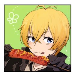 Rule 34 | 1boy, ahoge, billy the kid (fate), blonde hair, blue eyes, blush, coat, eating, fate/grand order, fate (series), gloves, green background, necktie, short hair, tongue, tongue out
