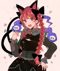 Rule 34 | 1girl, :d, animal ears, bell, black bow, black dress, black nails, blunt bangs, blush, bow, braid, cat ears, cat tail, corset, dress, extra ears, fangs, fingernails, frilled sleeves, frills, ghost, hair bow, hand on own hip, highres, hitodama, jingle bell, kaenbyou rin, long hair, long sleeves, looking at viewer, mozukuzu (manukedori), multiple tails, nail polish, neck bell, open mouth, red eyes, skull, smile, solo, tail, touhou, twin braids, two tails, upper body