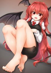 Rule 34 | 1girl, :d, bare legs, barefoot, black skirt, black vest, blush, breasts, brown background, commentary request, cum, cum on body, cum on lower body, demon wings, gradient background, grey background, hair between eyes, hair intakes, head wings, highres, juliet sleeves, knees up, koakuma, large breasts, long hair, long sleeves, looking at viewer, marukyuu ameya, miniskirt, nail polish, open mouth, pencil skirt, puffy sleeves, red eyes, red hair, shadow, shirt, sitting, skirt, smile, solo, thighs, toenail polish, toenails, touhou, very long hair, vest, white shirt, wings