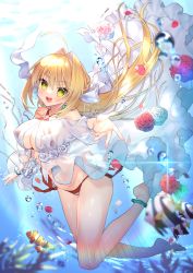 Rule 34 | 1girl, ahoge, bare shoulders, bead bracelet, beads, bikini, blonde hair, bracelet, breasts, chihiro (khorosho), cleavage, collarbone, criss-cross halter, dress, earrings, fate/grand order, fate (series), fish, flower, gown, green eyes, hair between eyes, hair intakes, hair ribbon, halterneck, highres, jewelry, large breasts, legs, long hair, looking at viewer, navel, nero claudius (fate), nero claudius (fate) (all), nero claudius (swimsuit caster) (fate), nero claudius (swimsuit caster) (third ascension) (fate), open mouth, outstretched arm, red bikini, ribbon, see-through, side-tie bikini bottom, smile, striped bikini, striped clothes, swimming, swimsuit, underwater, white ribbon