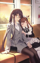 Rule 34 | 2girls, animal ear fluff, animal ears, apron, artist name, bag, black nails, blush, closed eyes, collarbone, commentary, ear piercing, frilled apron, frills, glasses, handbag, highres, holding hands, interlocked fingers, leaning on person, leaning to the side, long hair, looking at viewer, maid, maid apron, maid headdress, multiple girls, nail polish, office lady, original, pantyhose, piercing, rosuuri, sitting, skirt, sleeping, sleeping on person, straight hair, train, train interior, very long hair, watermark, web address, window, yuri