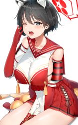 1girl, absurdres, animal ears, armor, bangs, bare shoulders, black hair, blue archive, blue eyes, blush, breasts, cleavage, collarbone, elbow gloves, gloves, halo, highres, japanese armor, large breasts, one eye closed, open mouth, red gloves, red sailor collar, red skirt, rope, sailor collar, short hair, sideboob, sideless outfit, sitting, skirt, smile, solo, suzuharu toufu, tabard, tassel, thighs, tsubaki (blue archive), yawning