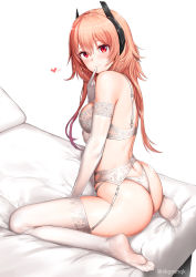 Rule 34 | 1girl, absurdres, ass, back, bare shoulders, blush, bra, breasts, closed mouth, crossed bangs, elbow gloves, eyelashes, feet, finger to mouth, garter belt, girls&#039; frontline, gloves, greem bang, hair between eyes, hair ornament, hand up, heart, highleg, highleg panties, highres, index finger raised, lace, lace-trimmed bra, lace-trimmed garter belt, lace-trimmed gloves, lace-trimmed legwear, lace trim, legs, lingerie, long hair, looking at viewer, looking back, m4 sopmod ii (girls&#039; frontline), medium breasts, on bed, orange hair, panties, pink hair, red eyes, revision, sitting, skindentation, smile, solo, string panties, thighs, thong, toes, underwear, wariza, white background, white bra, white gloves, white panties