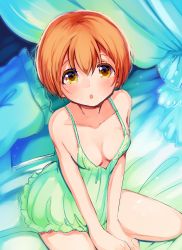 Rule 34 | 10s, 1girl, :o, bad id, bad pixiv id, blush, breasts, chemise, chestnut mouth, cleavage, downblouse, from above, green theme, highres, hoshizora rin, looking at viewer, love live!, love live! school idol project, nightgown, ninahachi, no bra, open mouth, orange hair, pillow, short hair, sitting, small breasts, solo, wariza, yellow eyes