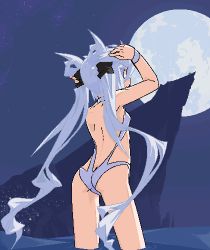 Rule 34 | 1girl, ass, city, cliff, female focus, flat chest, full moon, hair ribbon, hairband, lights, long hair, lowres, mof, mof&#039;s silver haired twintailed girl, moon, night, outdoors, ribbon, silver hair, sky, solo, star (symbol), swimsuit, twintails, very long hair, water
